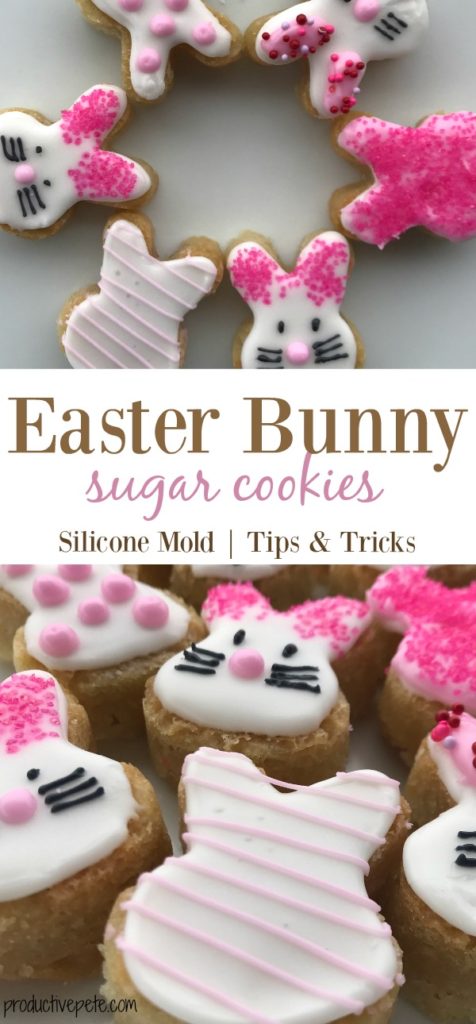 A new twist on making Easter Bunny Sugar Cookies! These are made using a silicone mold & the end result is a two-bite decorated Easter Bunny Cookie that will please your kids & a crowd! Perfect as an Easter Party treat or snack! #Easter #Easterbunny #Eastercookies #Eastertreats #springcookies