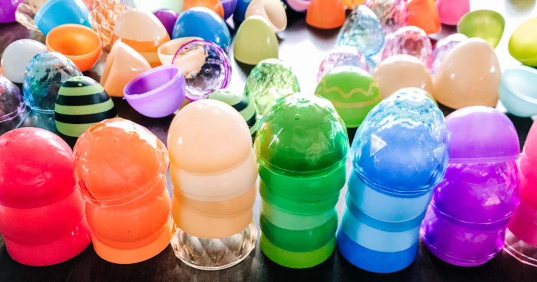 Plastic Easter Eggs stacked in a rainbow
