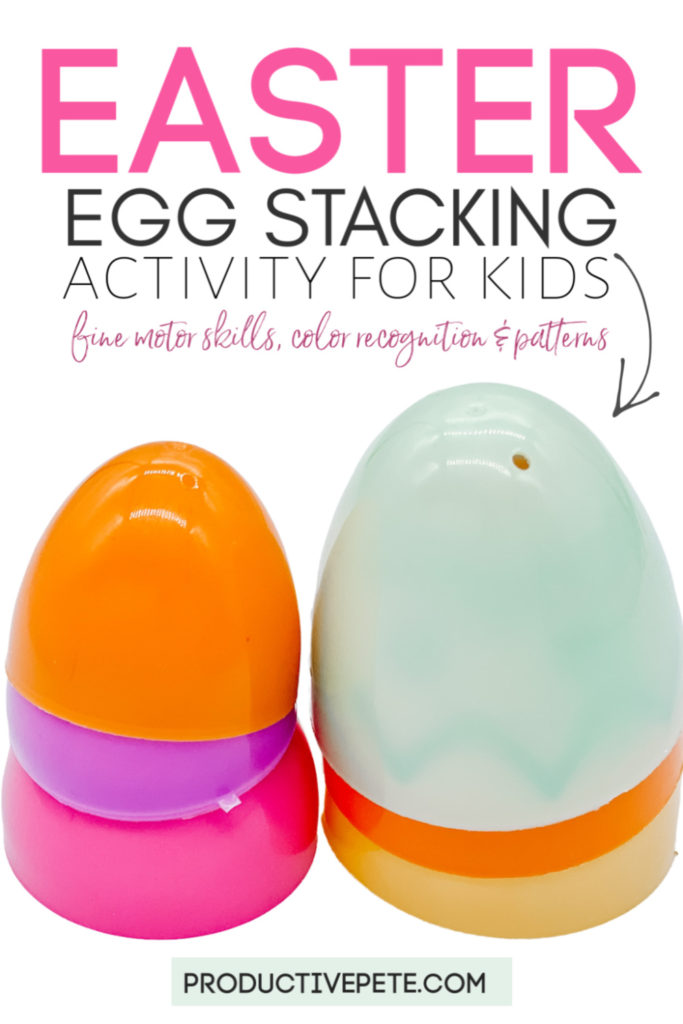 Stacked plastic Easter Eggs with text overlay