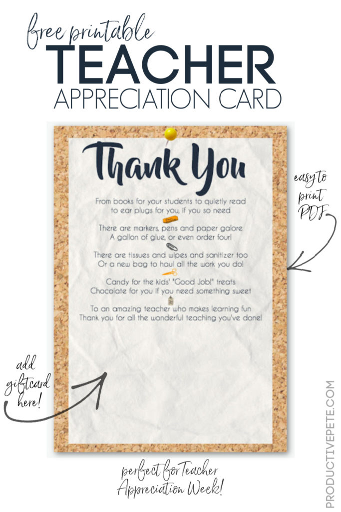Teacher Appreciation Gift Card Printable - Productive Pete