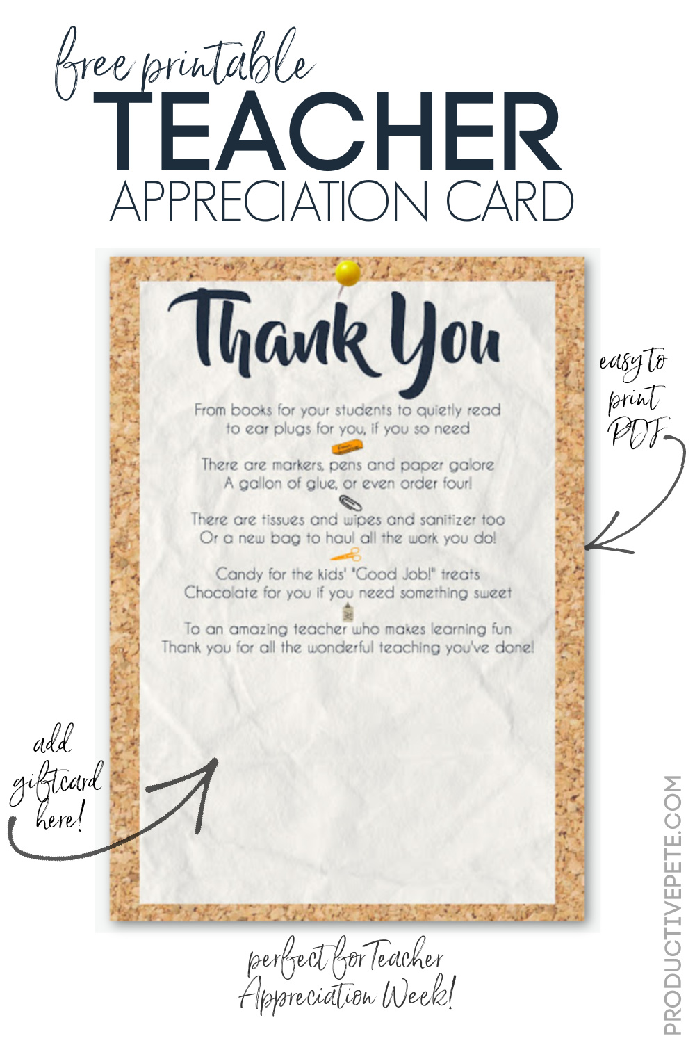 Teacher Appreciation Gift Card Printable Productive Pete