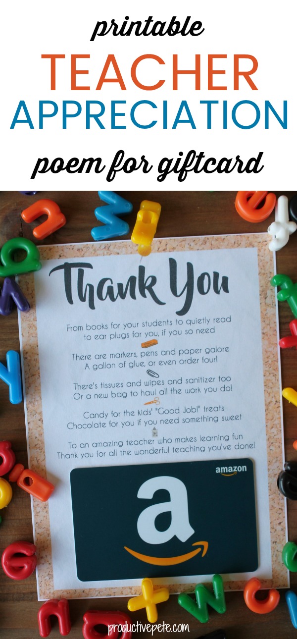 Teacher Appreciation Gift Card Printable - Productive Pete