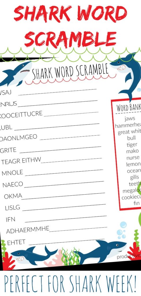 Free and printable Shark Word Scramble Activity for Kids
