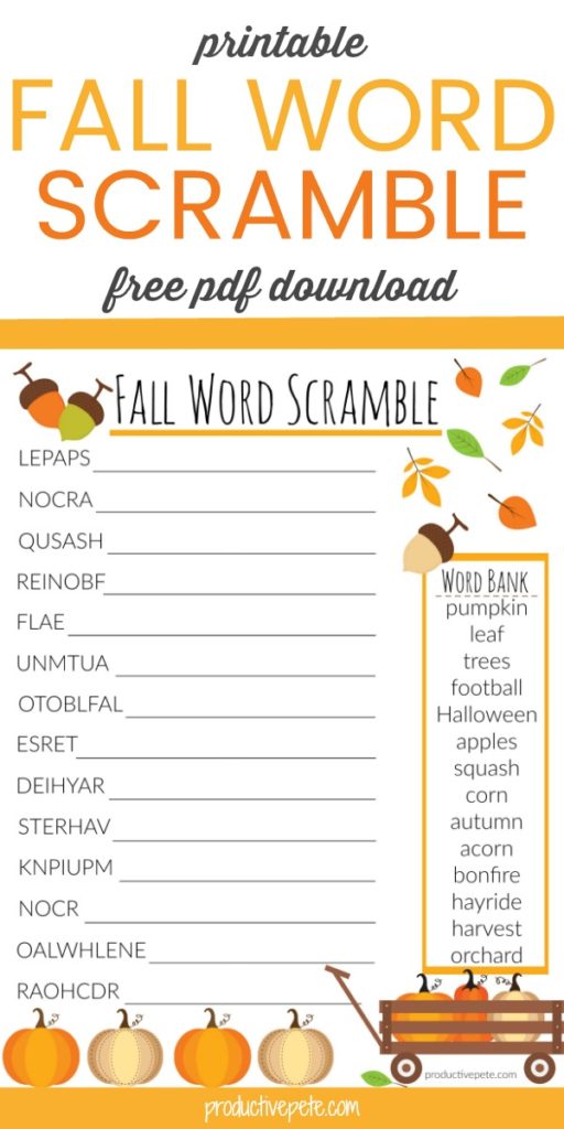 Image of Fall Word Scramble, free pdf printable