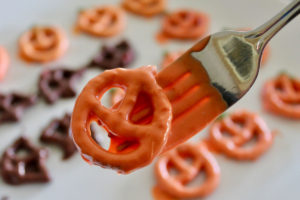 Chocolate covered pumpkin on a fork