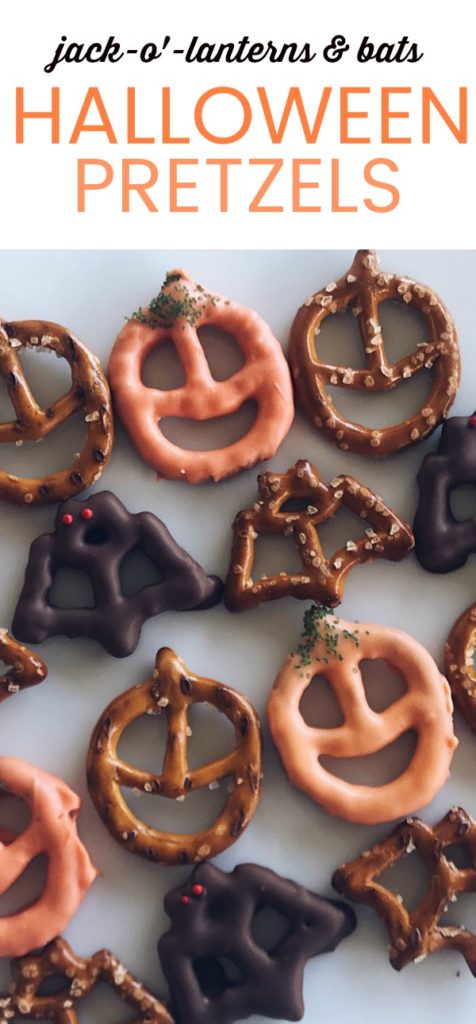 bat and jack-o'-lantern halloween pretzel treats