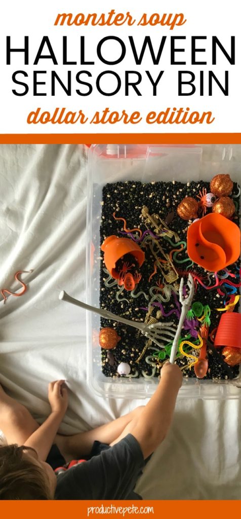 Monster Soup Halloween Sensory Bin, Dollar Store Edition over child's hand playing in beans