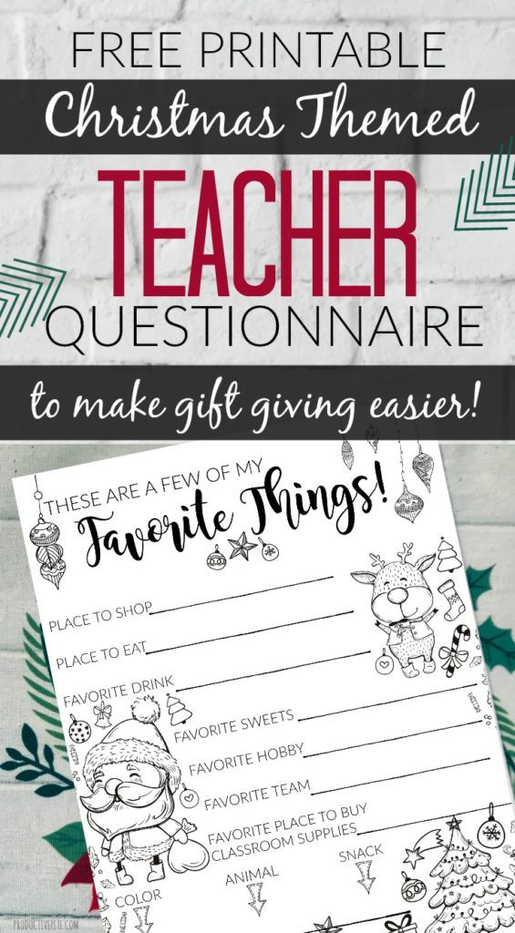 Free Printable Christmas Teacher Gift Ideas Questionnaire