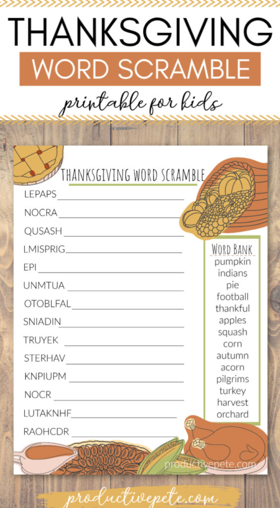 Free Printable Thanksgiving Word Scramble for Kids - Productive Pete