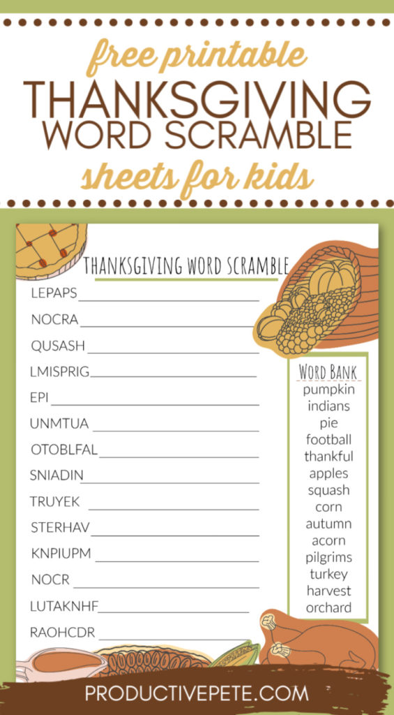 Free Printable Thanksgiving Word Scramble for Kids - Productive Pete