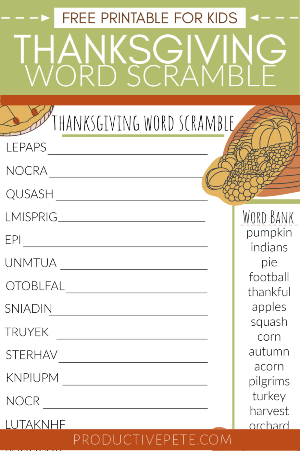 Free Printable Thanksgiving Word Scramble for Kids Productive Pete