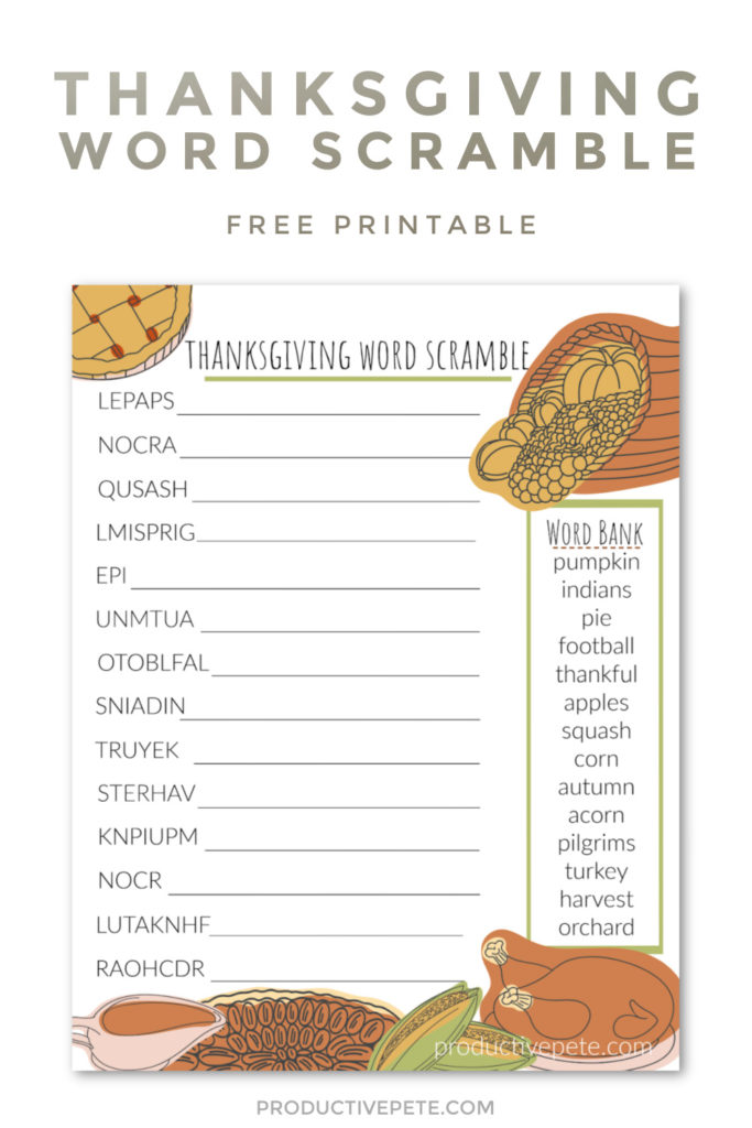 Free Printable Thanksgiving Word Scramble for Kids - Productive Pete