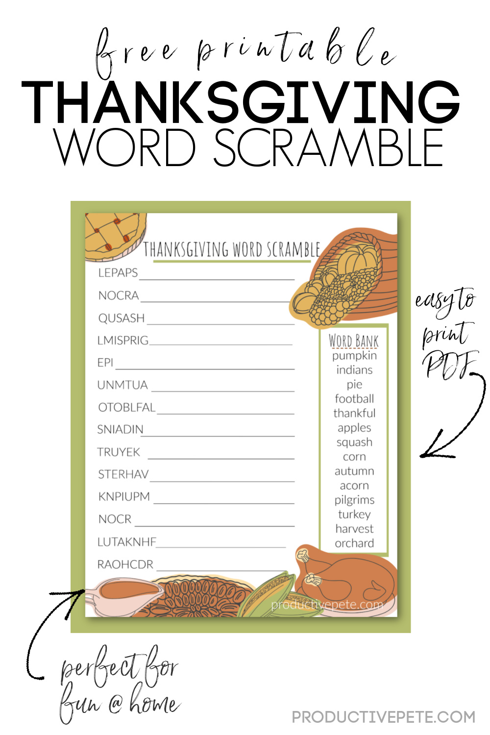 Free Printable Thanksgiving Word Scramble for Kids Productive Pete