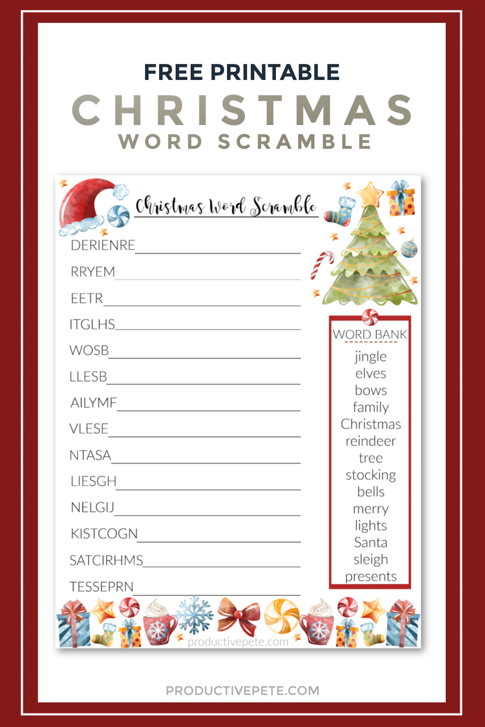 Free Printable Christmas Word Scramble PDF for Kids - Productive Pete